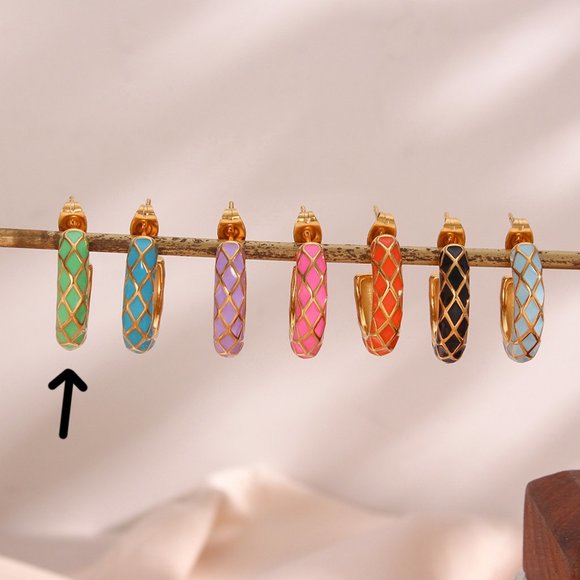 Mint Green Geometric Pattern Hoop Earrings 18K Gold Plated Stainless - Picture 4 of 8